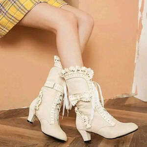 Mid Calf Women boots Mid Heels Lace Up Victorian style cream boots